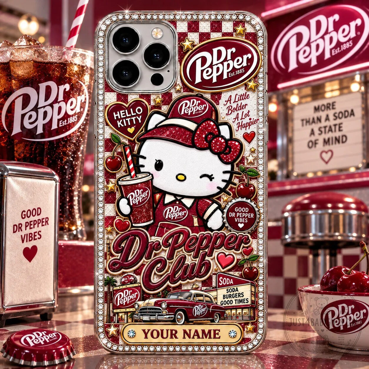 Hello Kitty and Doctor Pepper Checkerboard Pattern Personalized Phone Case 1 Hello Kitty and Doctor Pepper Checkerboard Pattern Personalized Phone Case