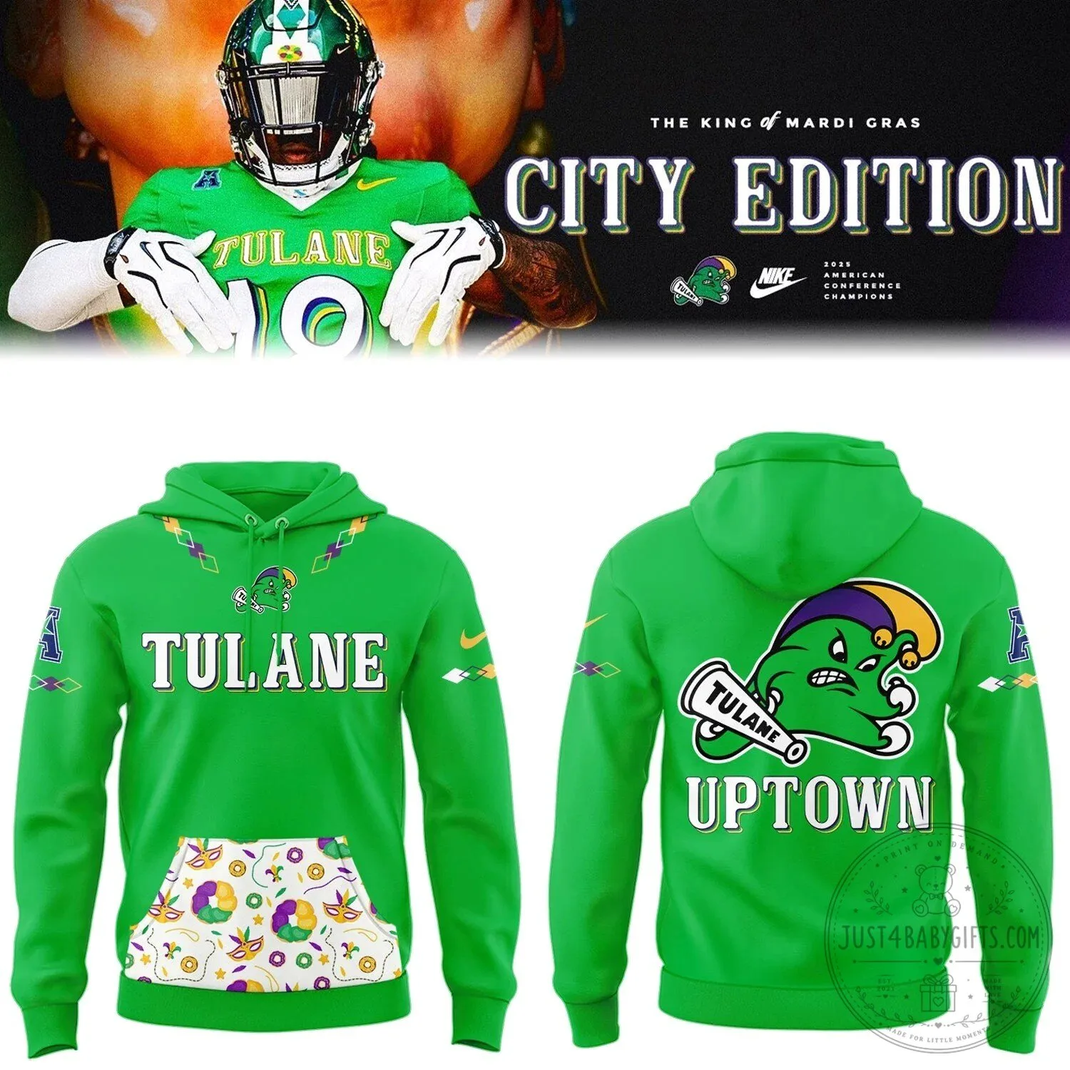 2026 City Edition Hoodie of the Tulane Green Wave - King of Mardi Gras Design