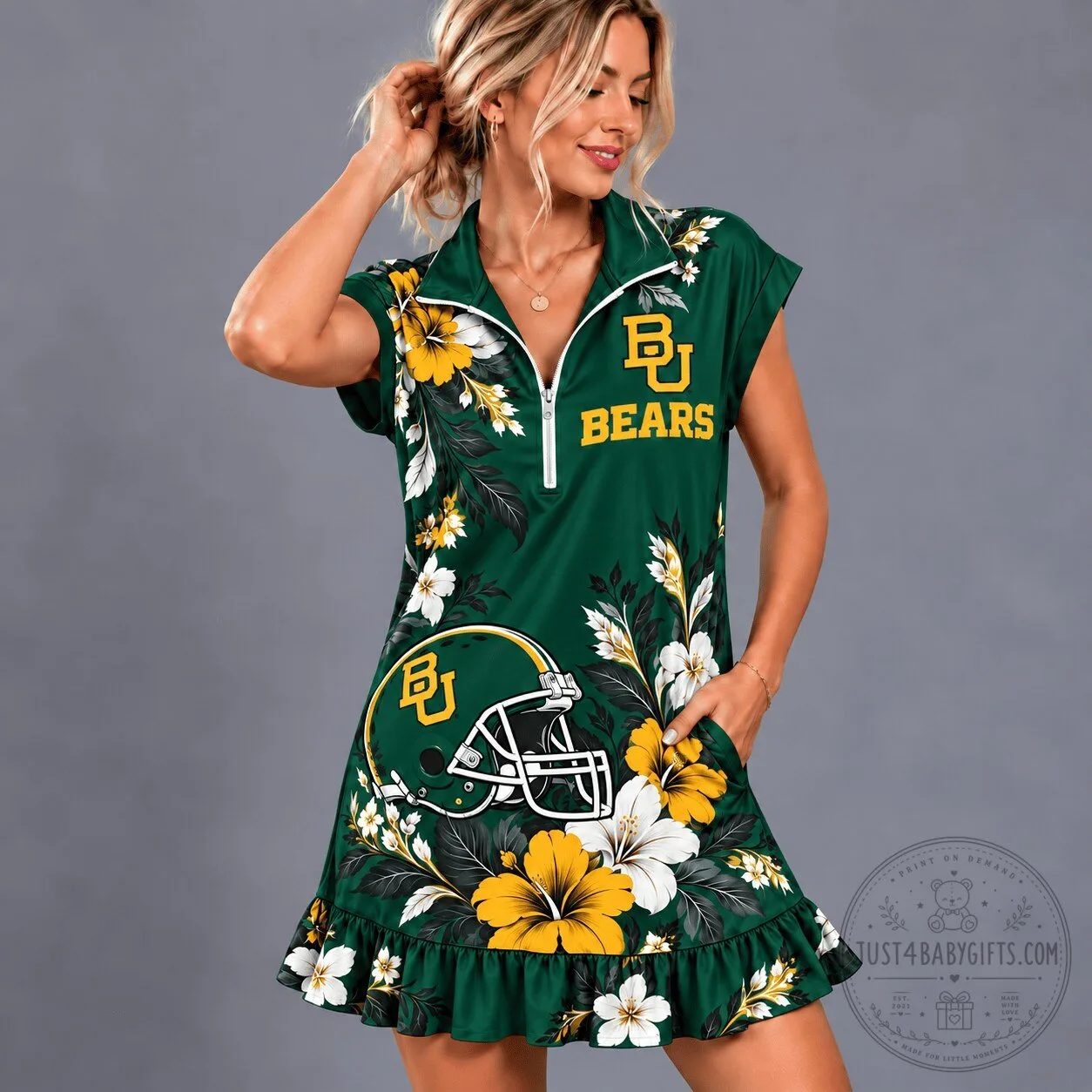 Baylor Bears Football Team Spirit Floral Print Ruffle Quarter-Zip Dress 5 Baylor Bears Football Team Spirit Floral Print Ruffle Quarter-Zip Dress