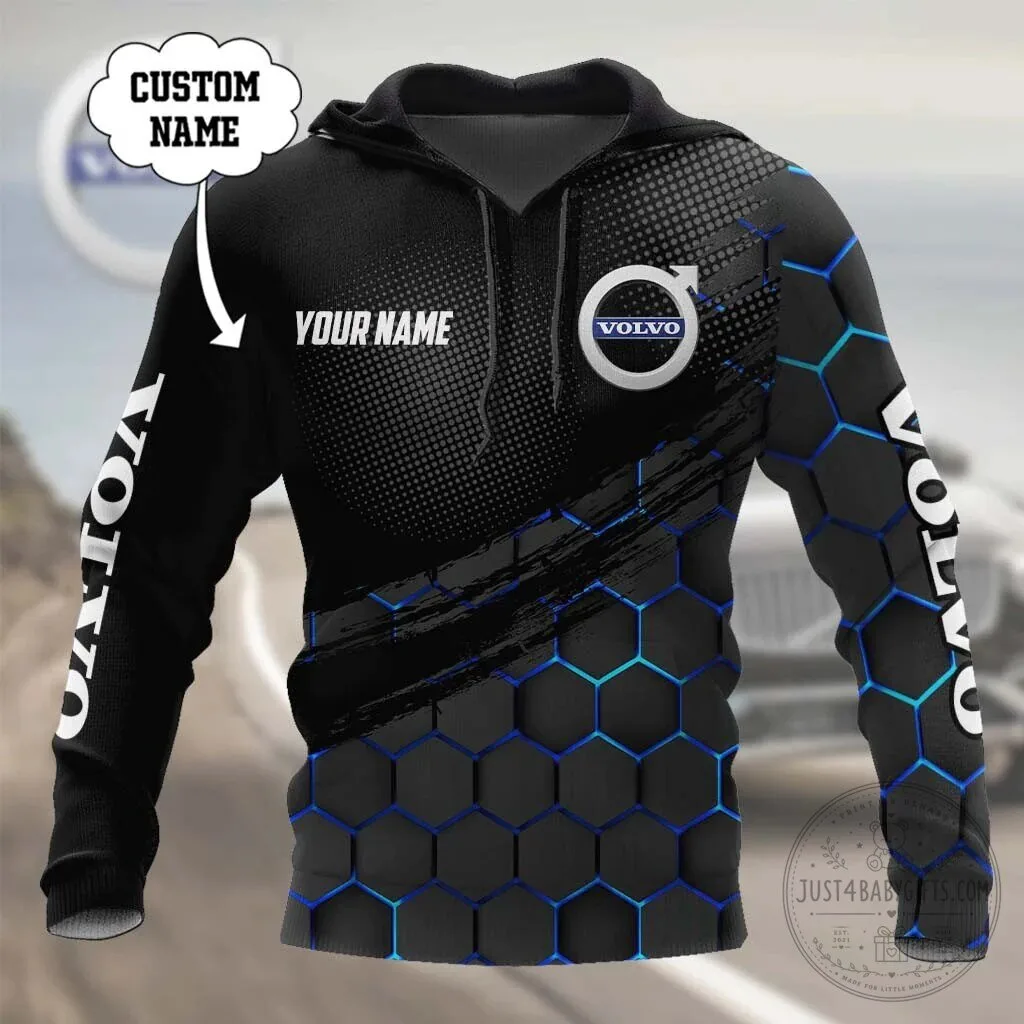 Volvo Custom Name Car Logo Black Blue Hexagon Pattern Hoodie