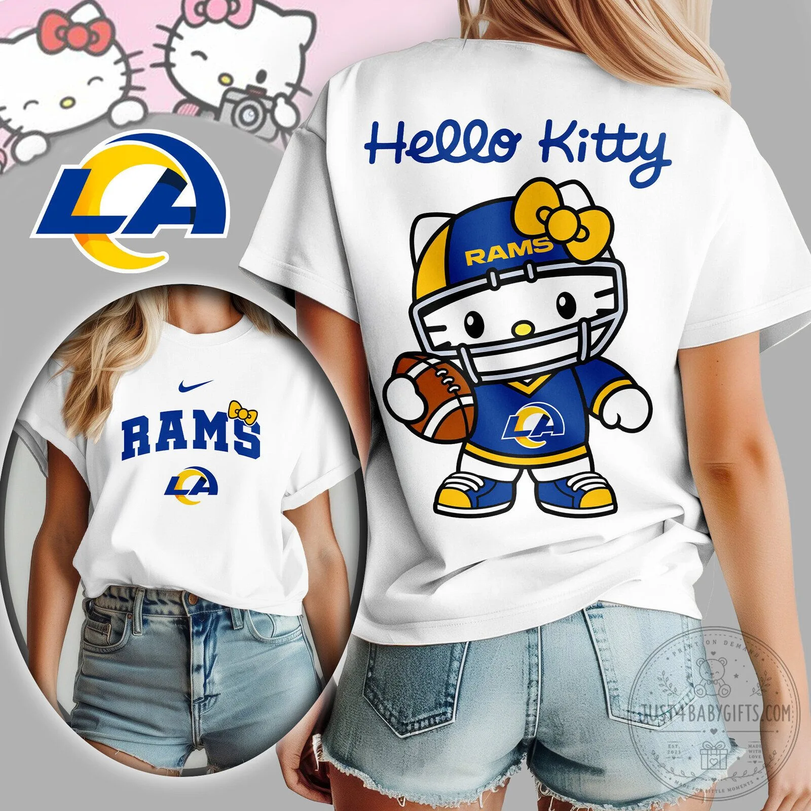 Hello Kitty Los Angeles Rams Football Team White Women's T-Shirt