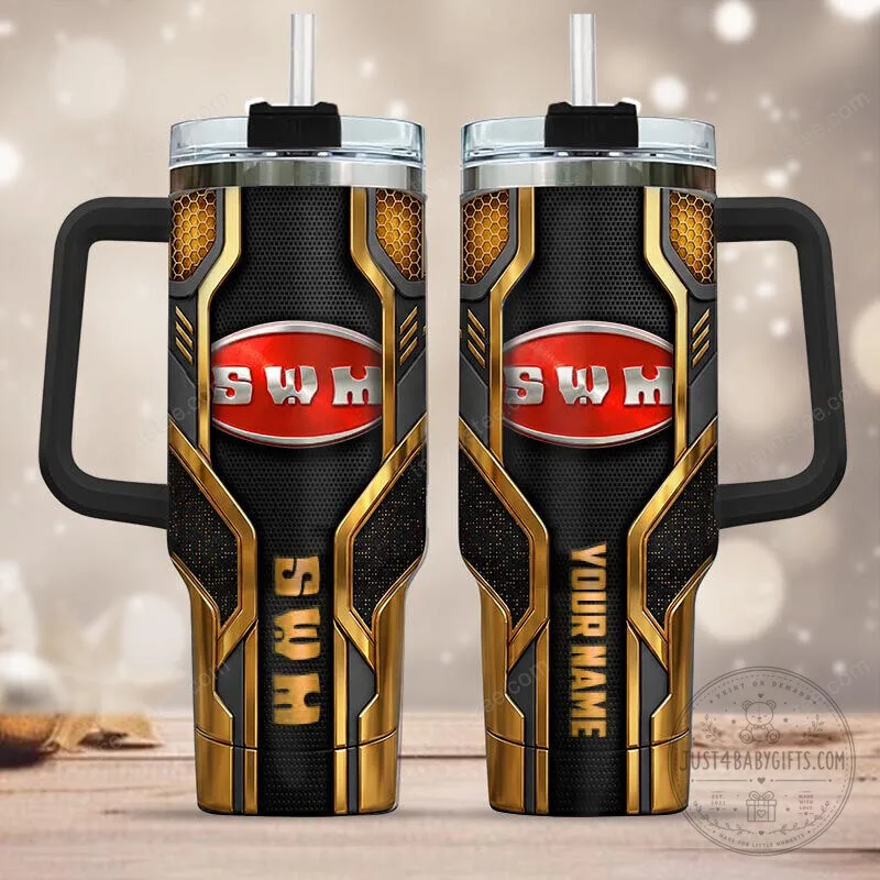 Customizable SWM Logo Gold and Black Insulated Travel Tumbler with Handle
