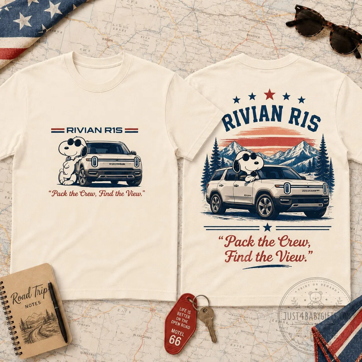 Snoopy Rivian R1S Electric Adventure Pack the Crew Find the View T-Shirt