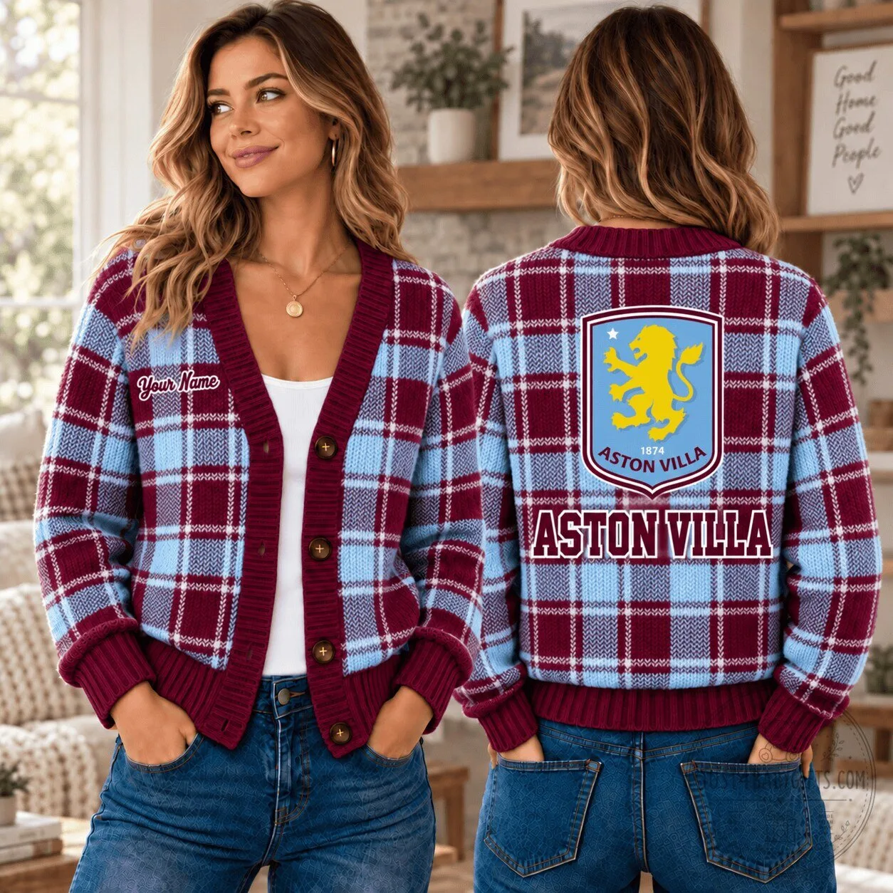 Aston Villa Football Club Plaid Pattern Personalized Cardigan Sweater