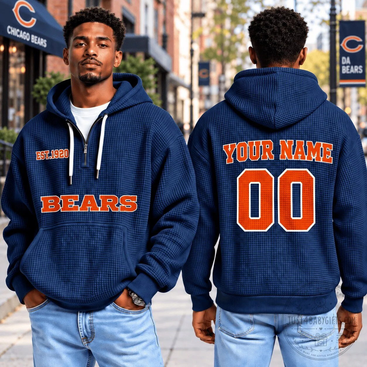 Chicago Bears Custom Name and Number Waffle Knit Quarter Zip Hoodie