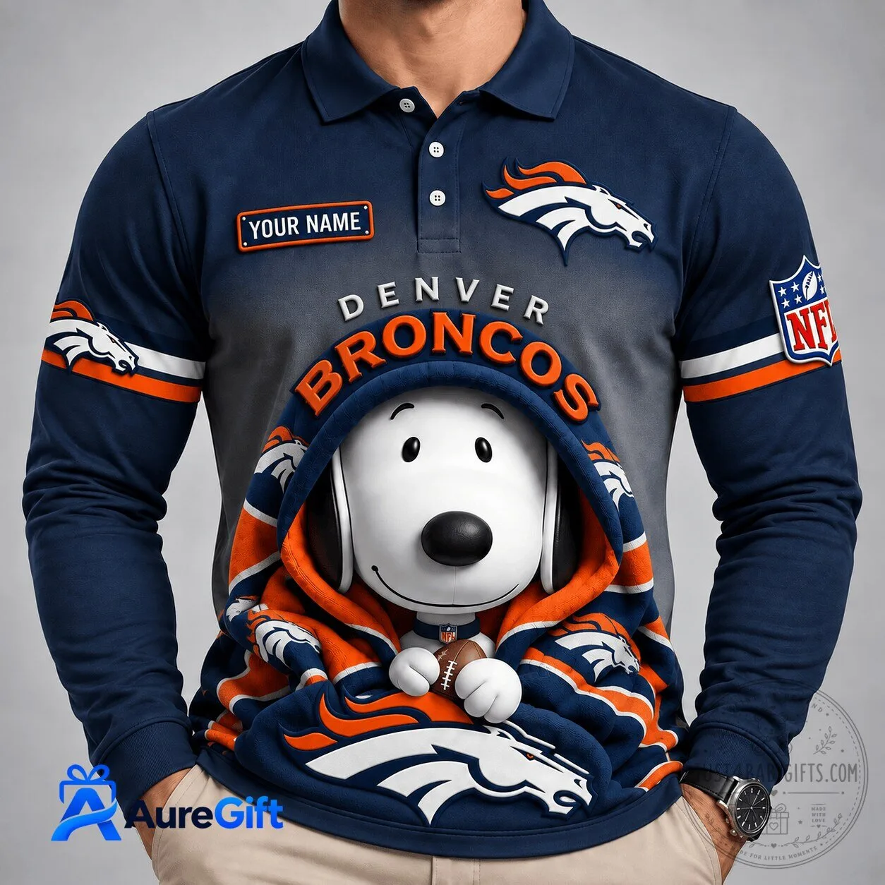 Denver Broncos Snoopy Christmas Kick Off Personalized Long Sleeve Polo Shirt