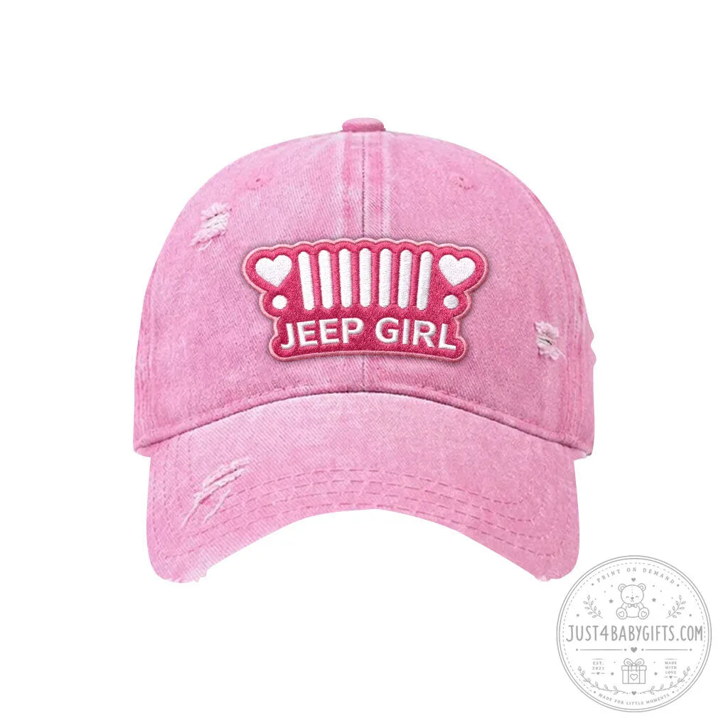 Jeep Girl Heart Grille Distressed Embroidered Washed Cotton Baseball Cap Hat