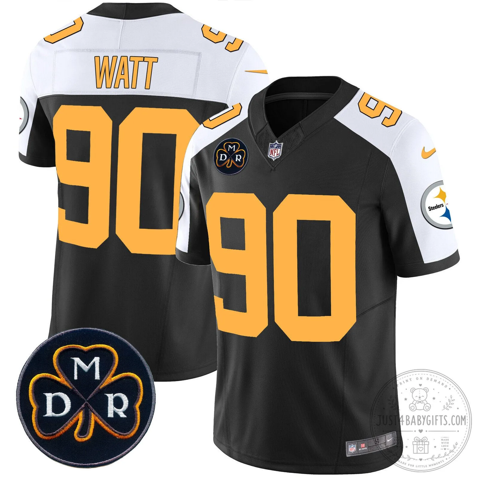 Pittsburgh Steelers T.J. Watt Number 90 Black and White Football Jersey