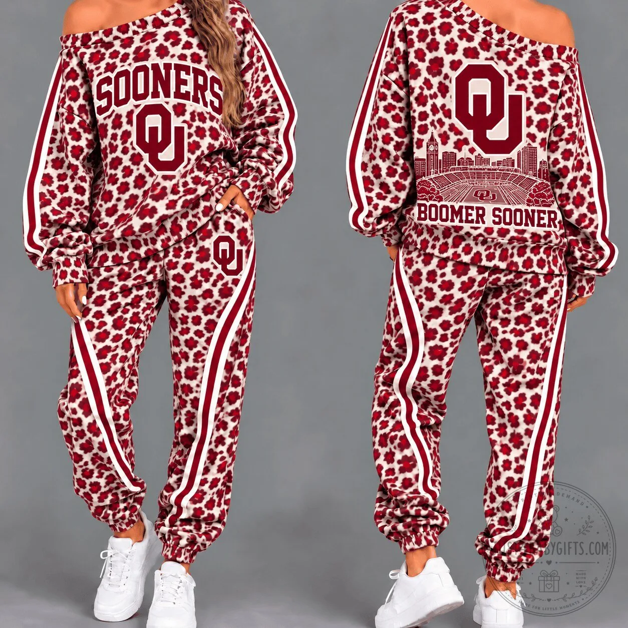 Oklahoma Sooners Women's Leopard Print Off Shoulder Tracksuit Set