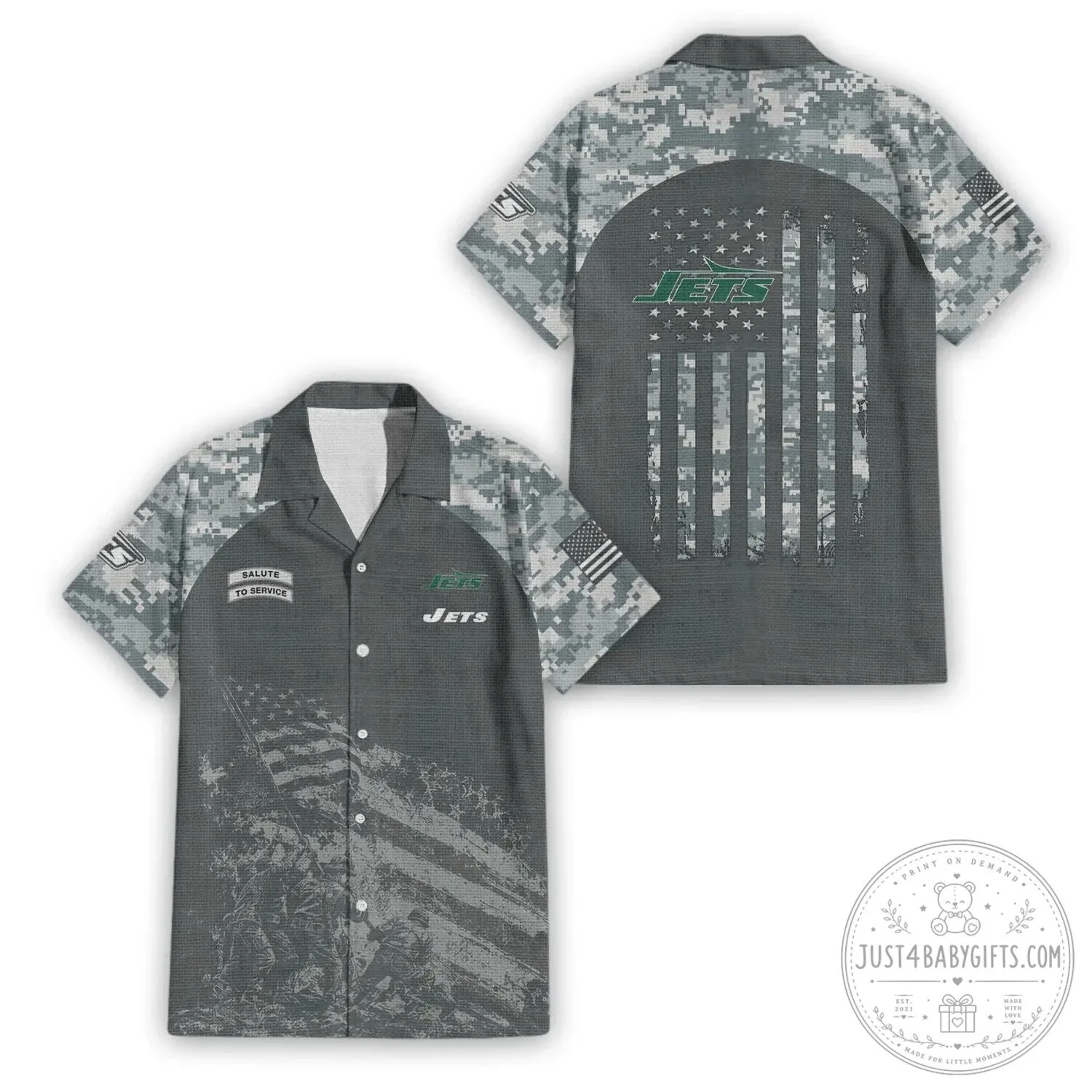 Military Camouflage Hawaiian Shirt for New York Jets Salute to Service Edition