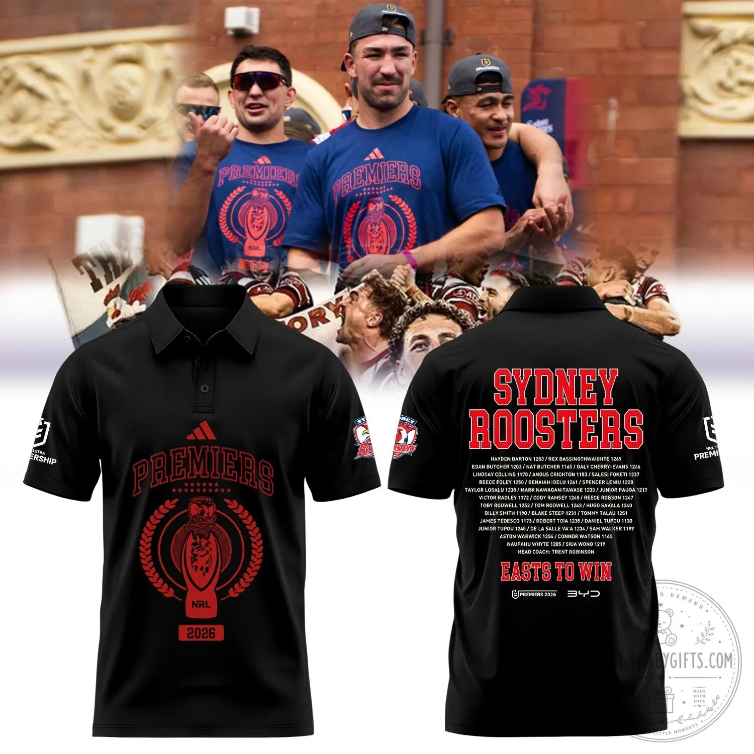 2026 Black Polo Shirt for Sydney Roosters National Rugby League Champions