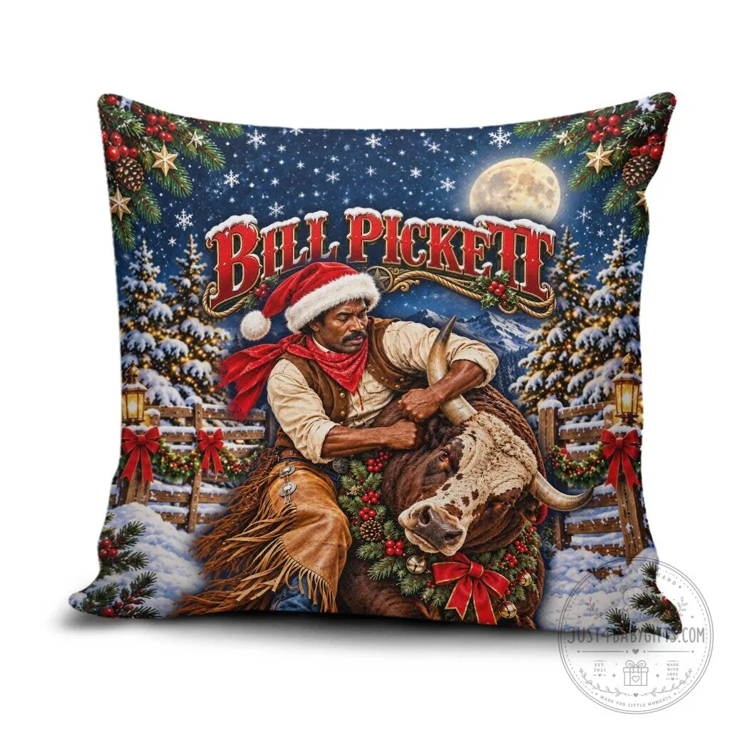 Bill Pickett Christmas Bull Rider Pillow Cover Snowy Winter Rodeo Night Art