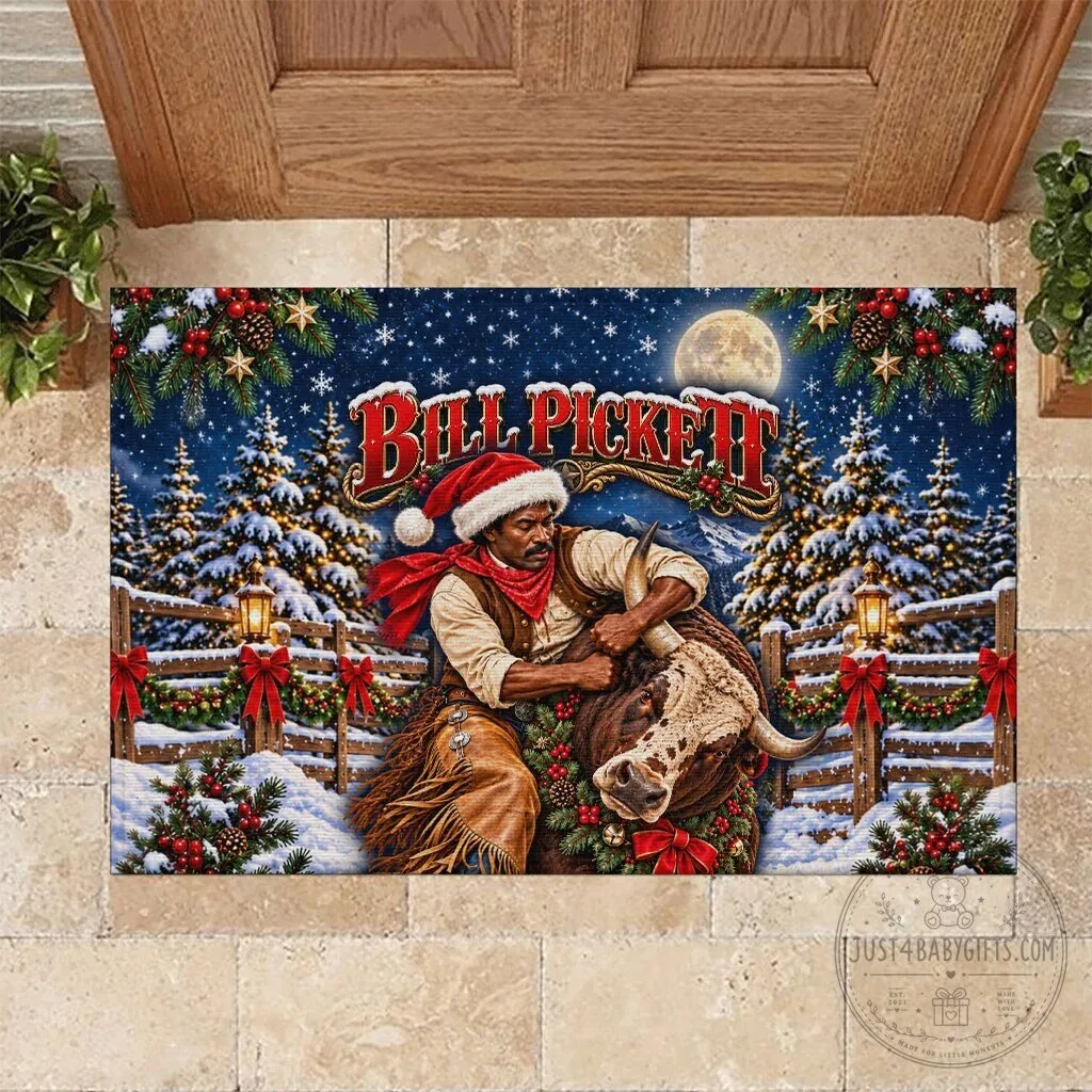 Bill Pickett Christmas Bull Rider Snowy Winter Rodeo Night Doormat