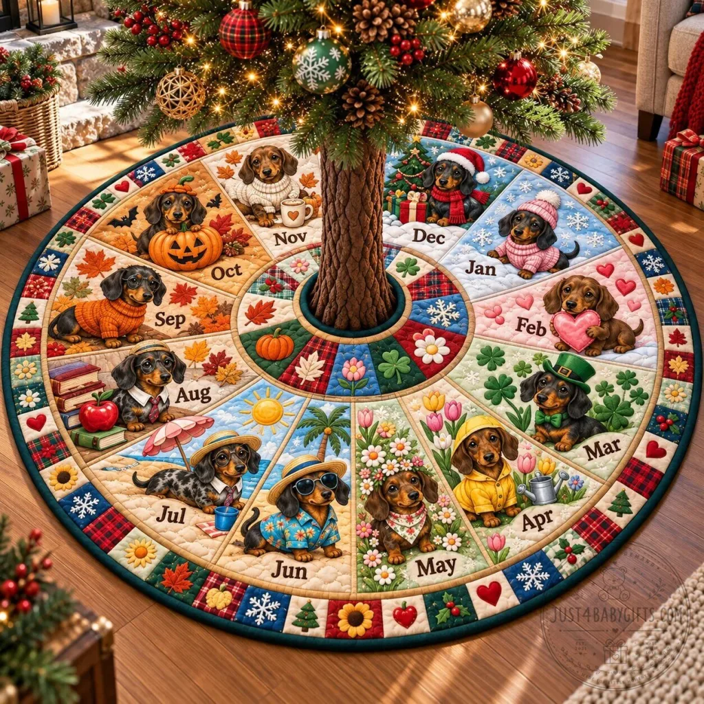 Dachshund Through The Seasons Quilted Christmas Tree Skirt Dachshund Through The Seasons Quilted Christmas Tree Skirt