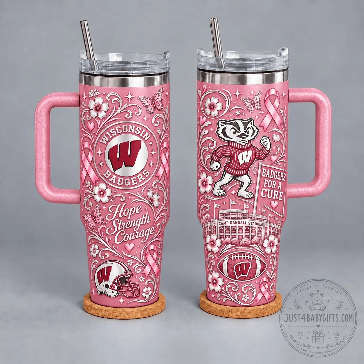 Wisconsin Badgers Breast Cancer Awareness Hope Strength Courage Tumbler