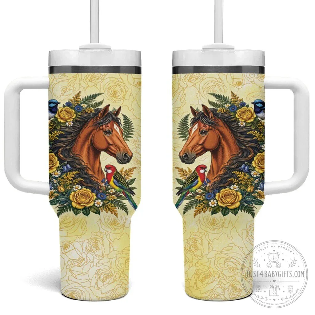 Horse Yellow Rose Wreath Australian Blue Wren Rosella Parrot Tumbler With Handle