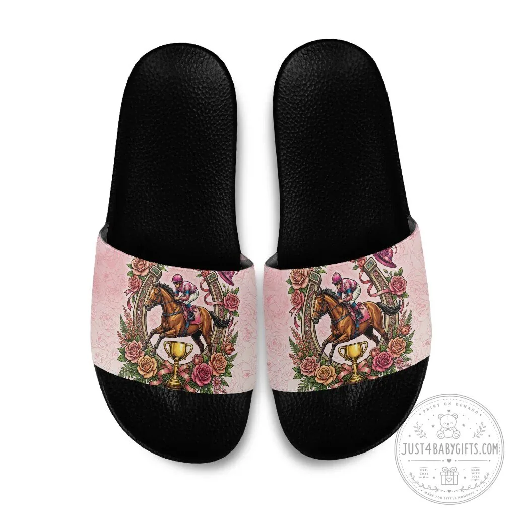 Melbourne Horse Racing Jockey Floral Horseshoe Pink Rose Slide Sandals