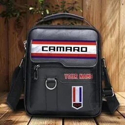 Chevrolet Camaro Custom Name Leather Crossbody Bag for Men, Zipper Shoulder Purse