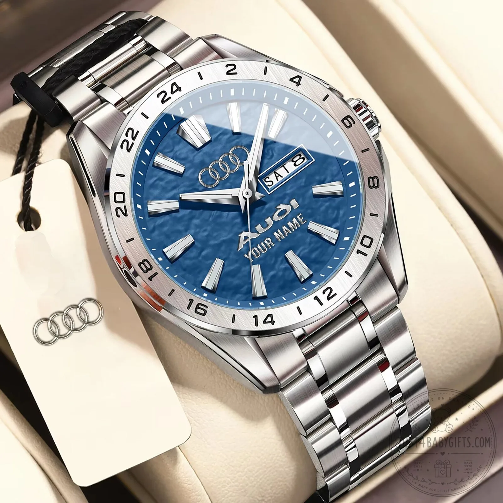 Audi Custom Name Blue Dial Stainless Steel Men's Watch