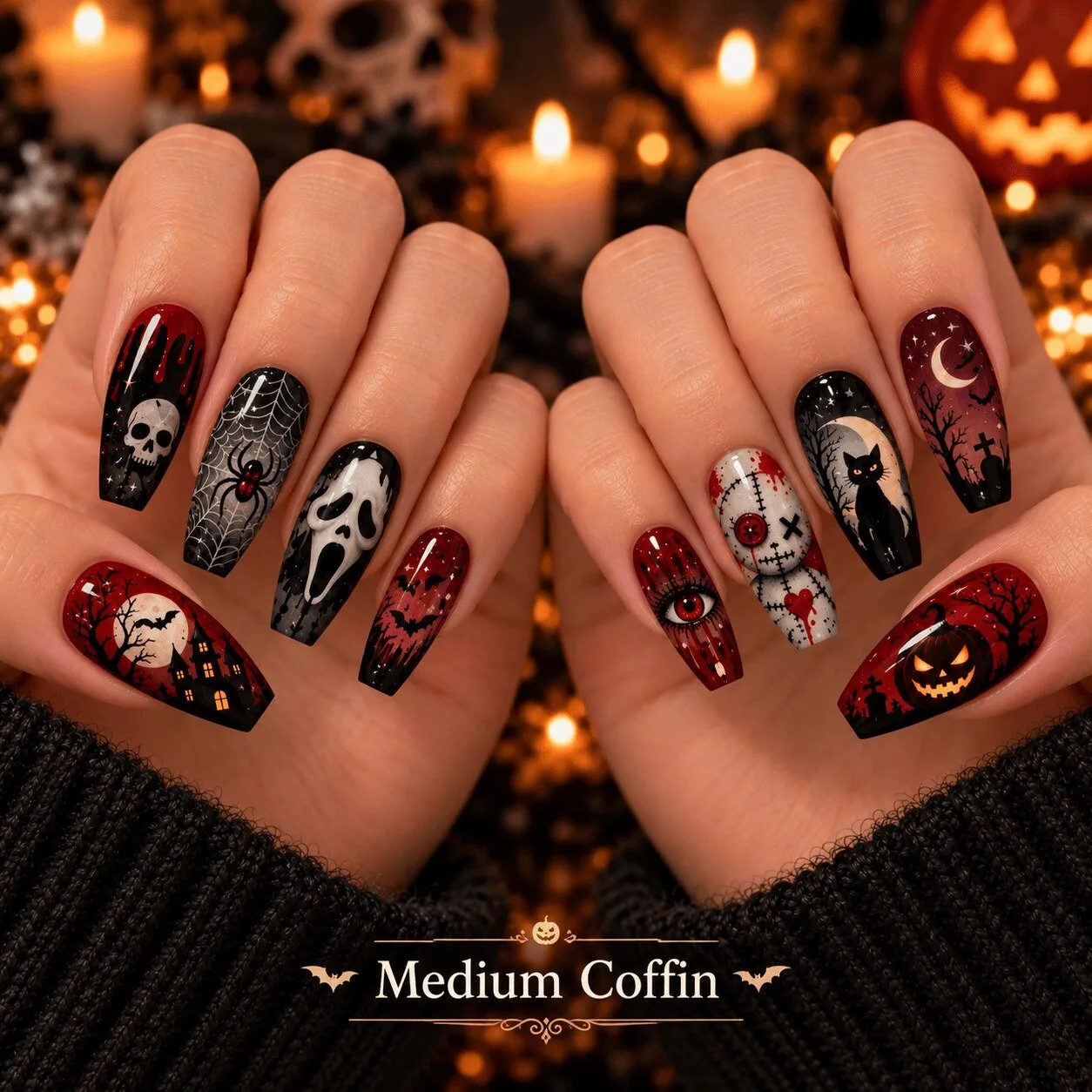 Halloween Horror Night Spooky Skull Spider Ghost Cat Press-On Nails Set