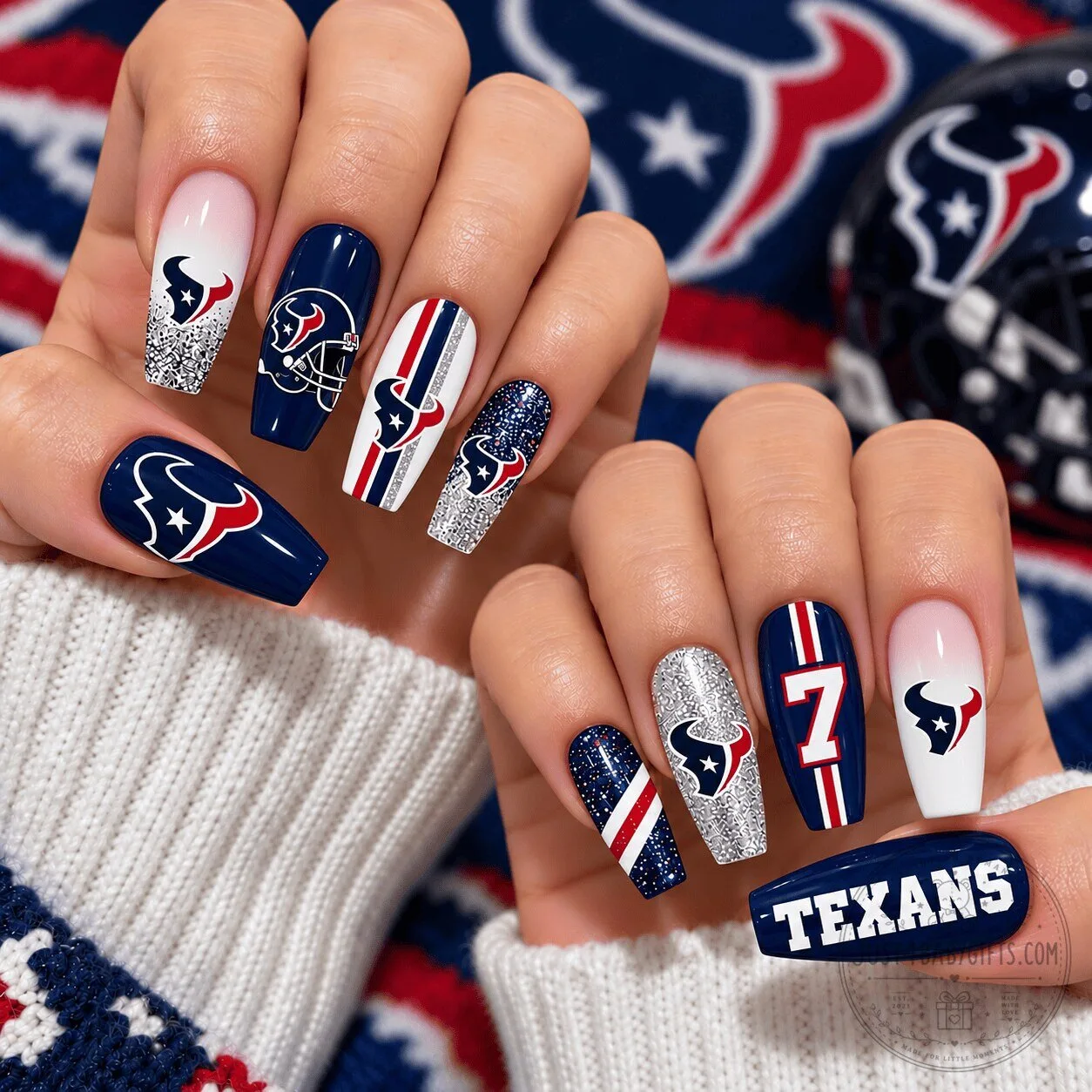 Houston Texans NFL Football Team Glitter Press On Nails Manicure Set
