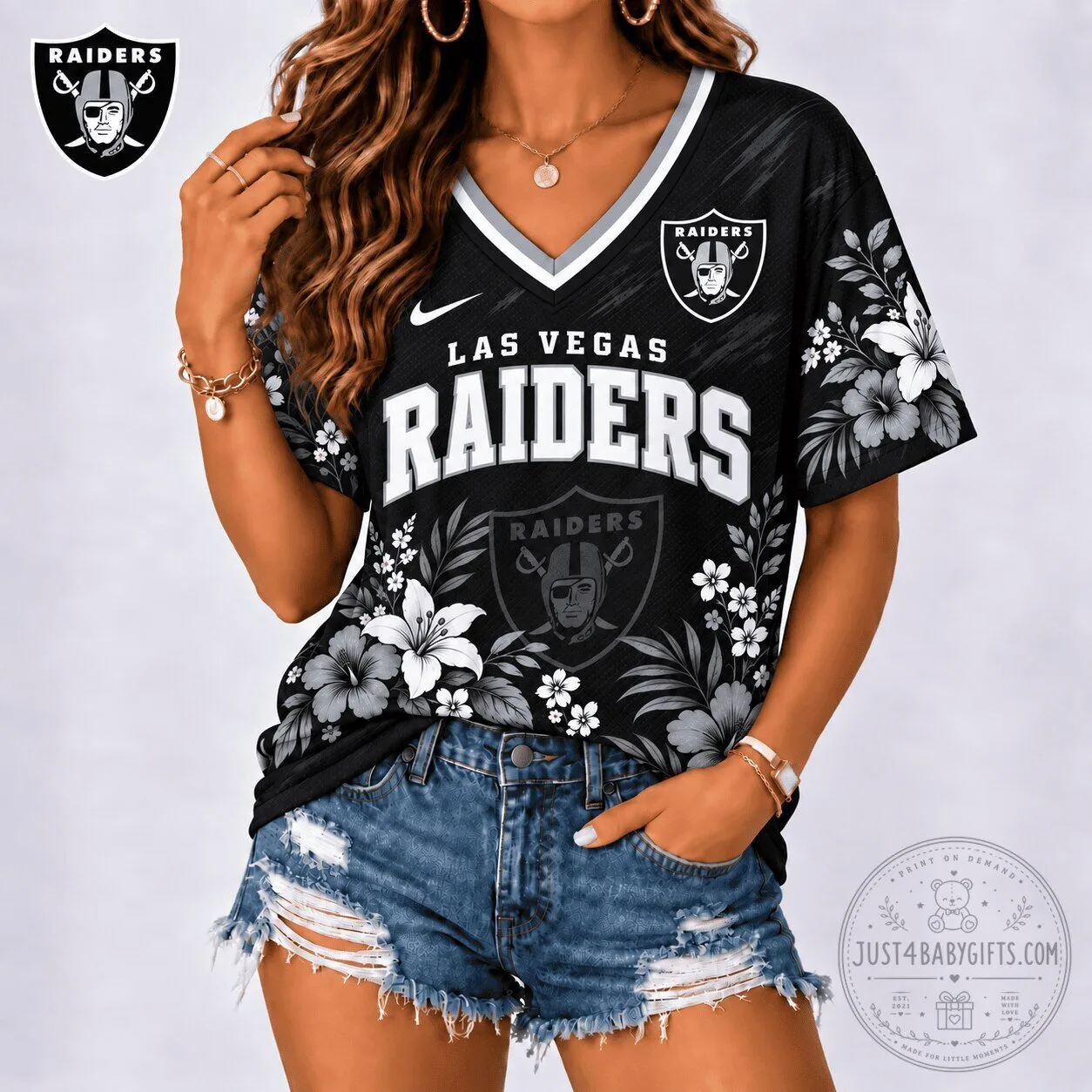 Las Vegas Raiders Floral Spirit Game Ready V-Neck T-Shirt for Women