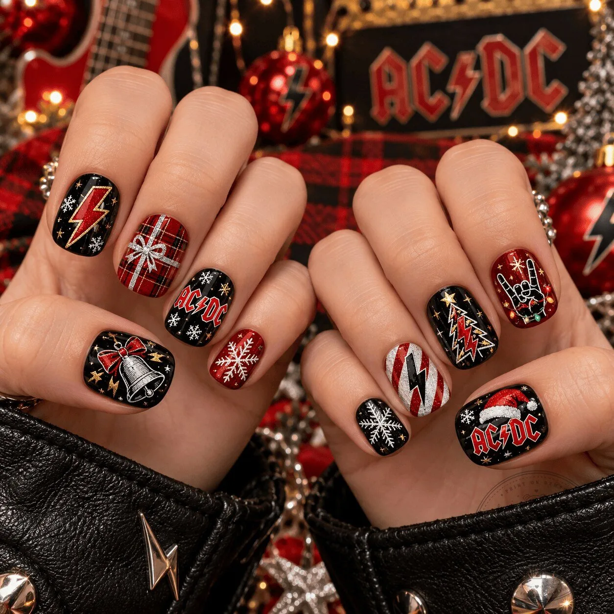 Holiday Press-On Nails Set featuring AC/DC Christmas Rock and Roll Theme