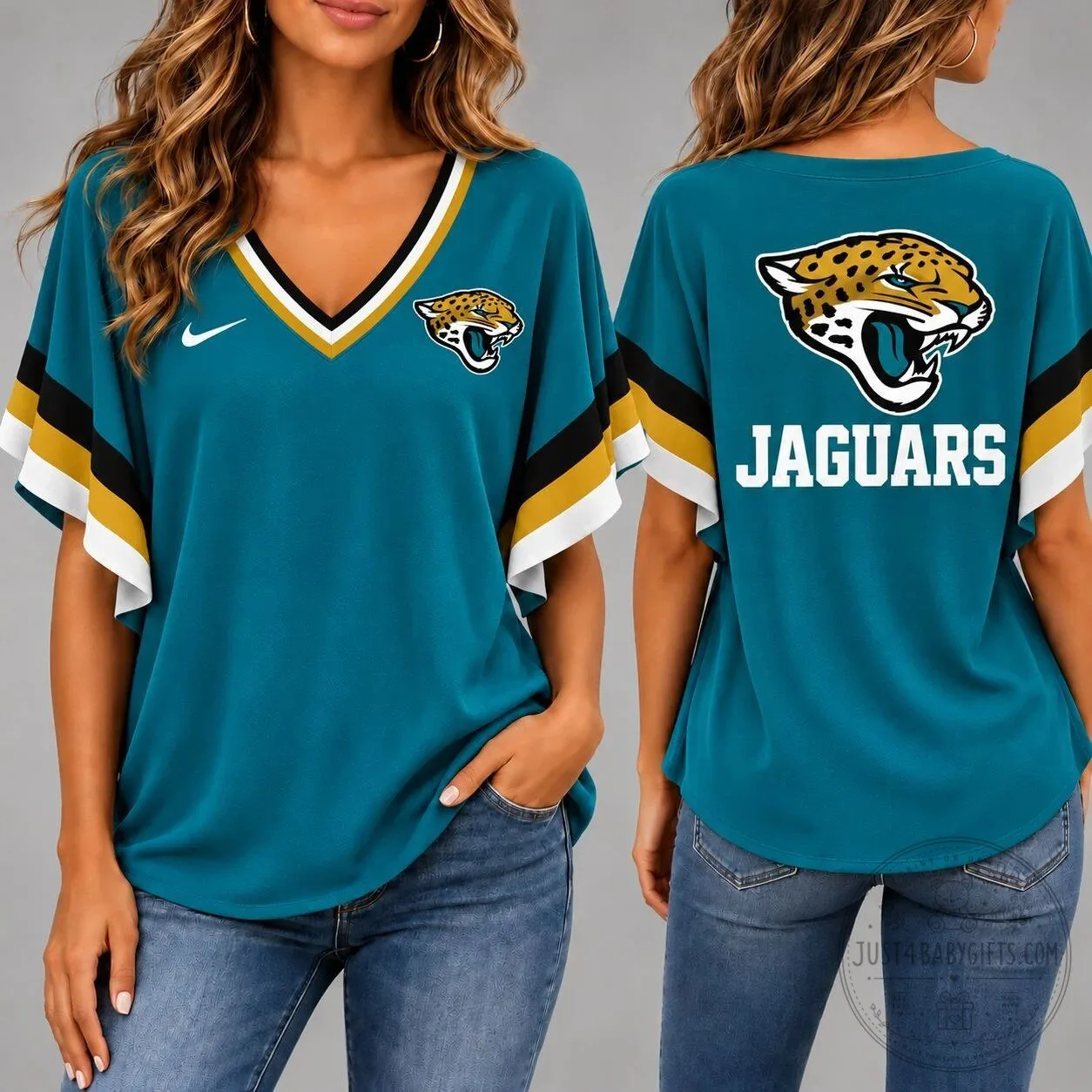 Jacksonville Jaguars NFL Game Day V-Neck Short Sleeve Football T-Shirt for Women