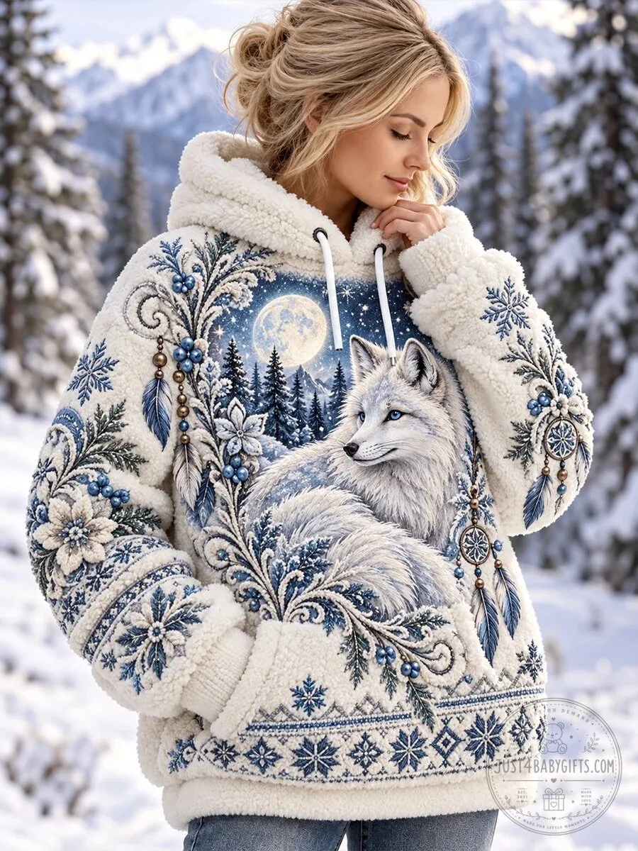 White Wolf Full Moon Winter Forest Nordic Animal Sherpa Fleece Hoodie 2 White Wolf Full Moon Winter Forest Nordic Animal Sherpa Fleece Hoodie
