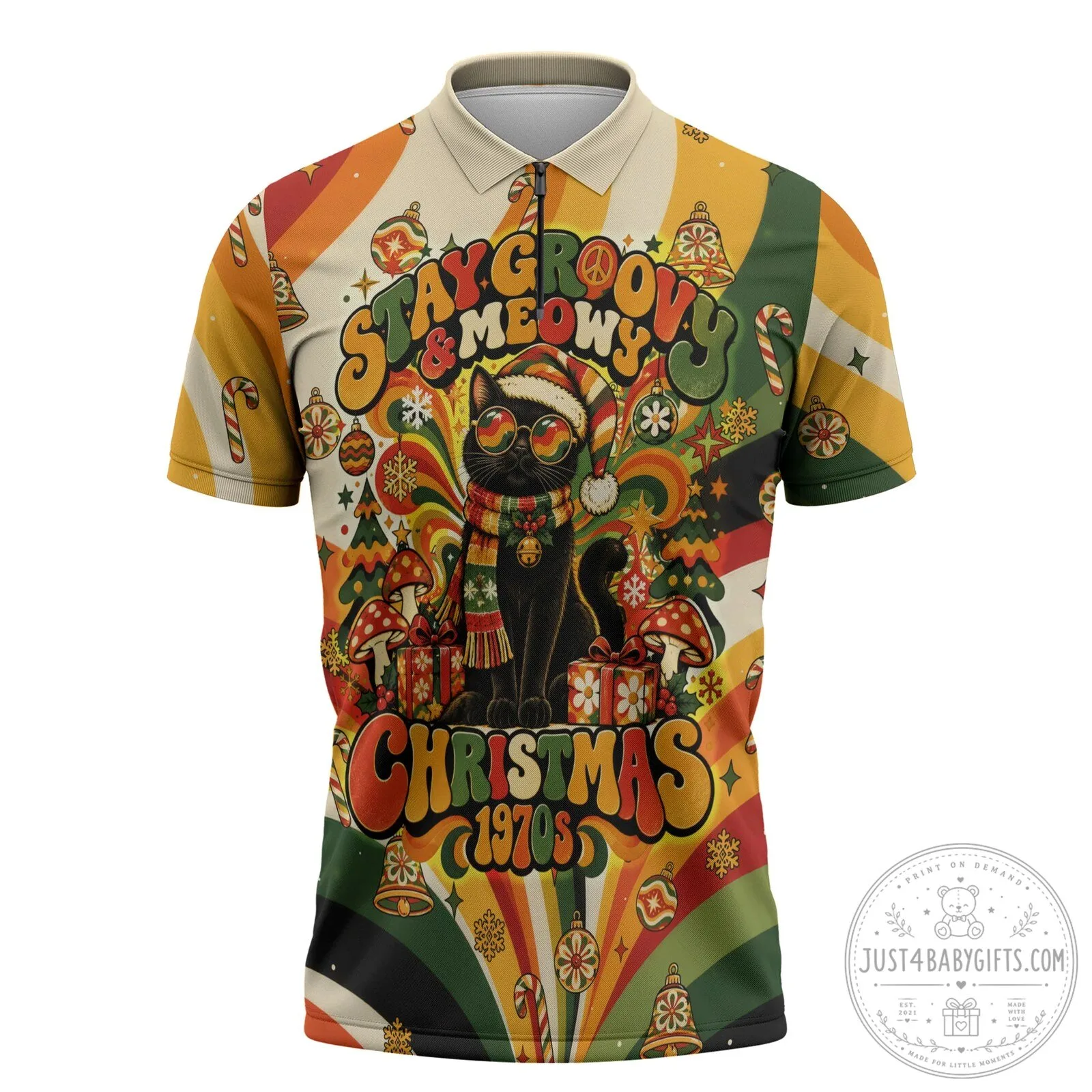 Stay Groovy and Meowy Black Cat Christmas 1970s Retro Holiday Polo Shirt
