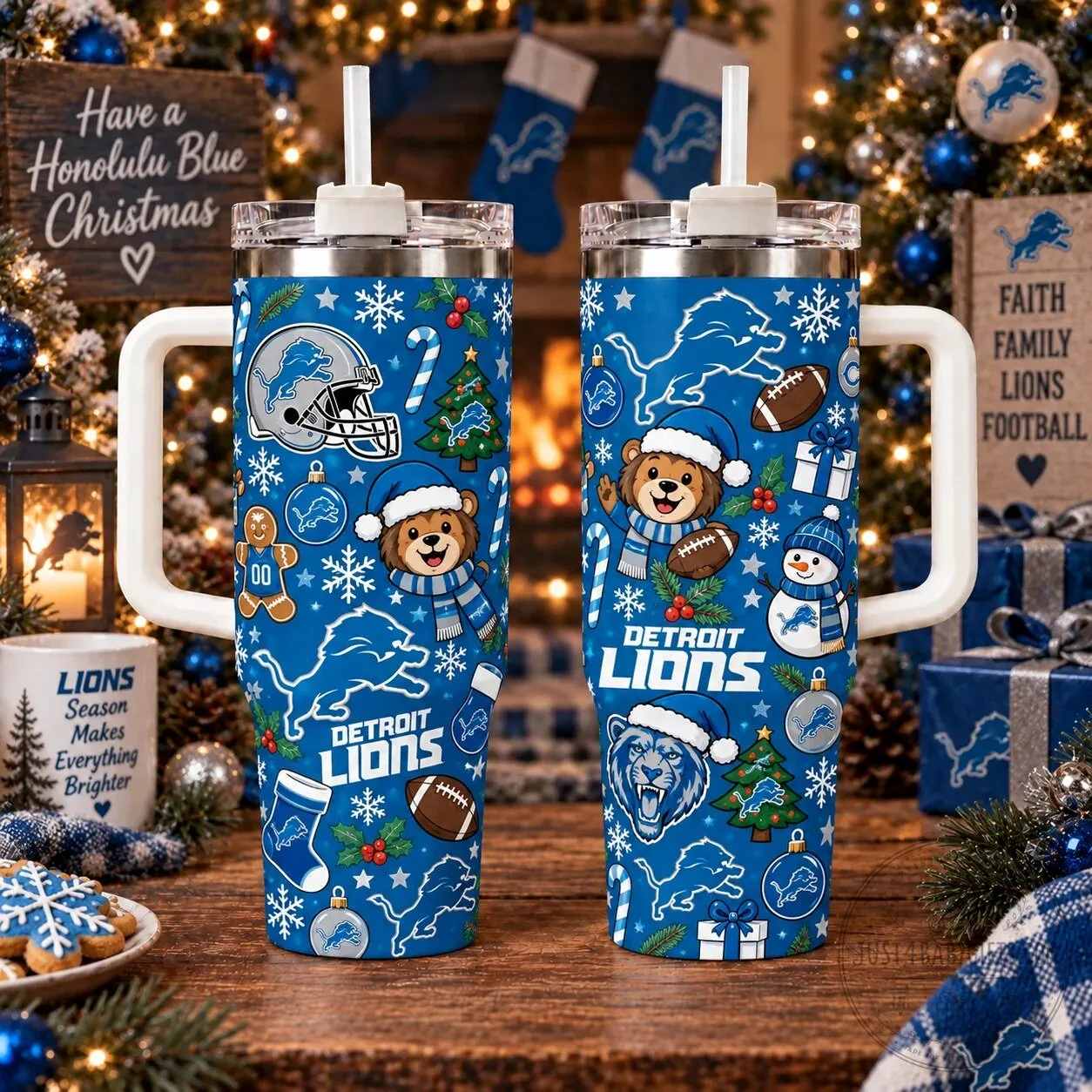 Detroit Lions Christmas Pattern Insulated Tumbler with Handle and Straw