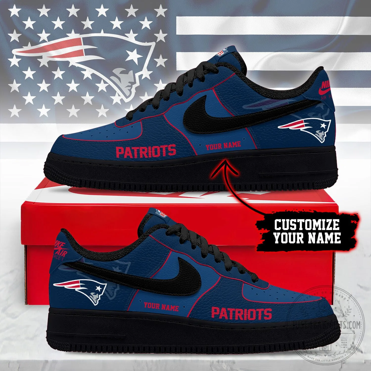 New England Patriots Custom Name Blue NFL Team Logo Design Shoes