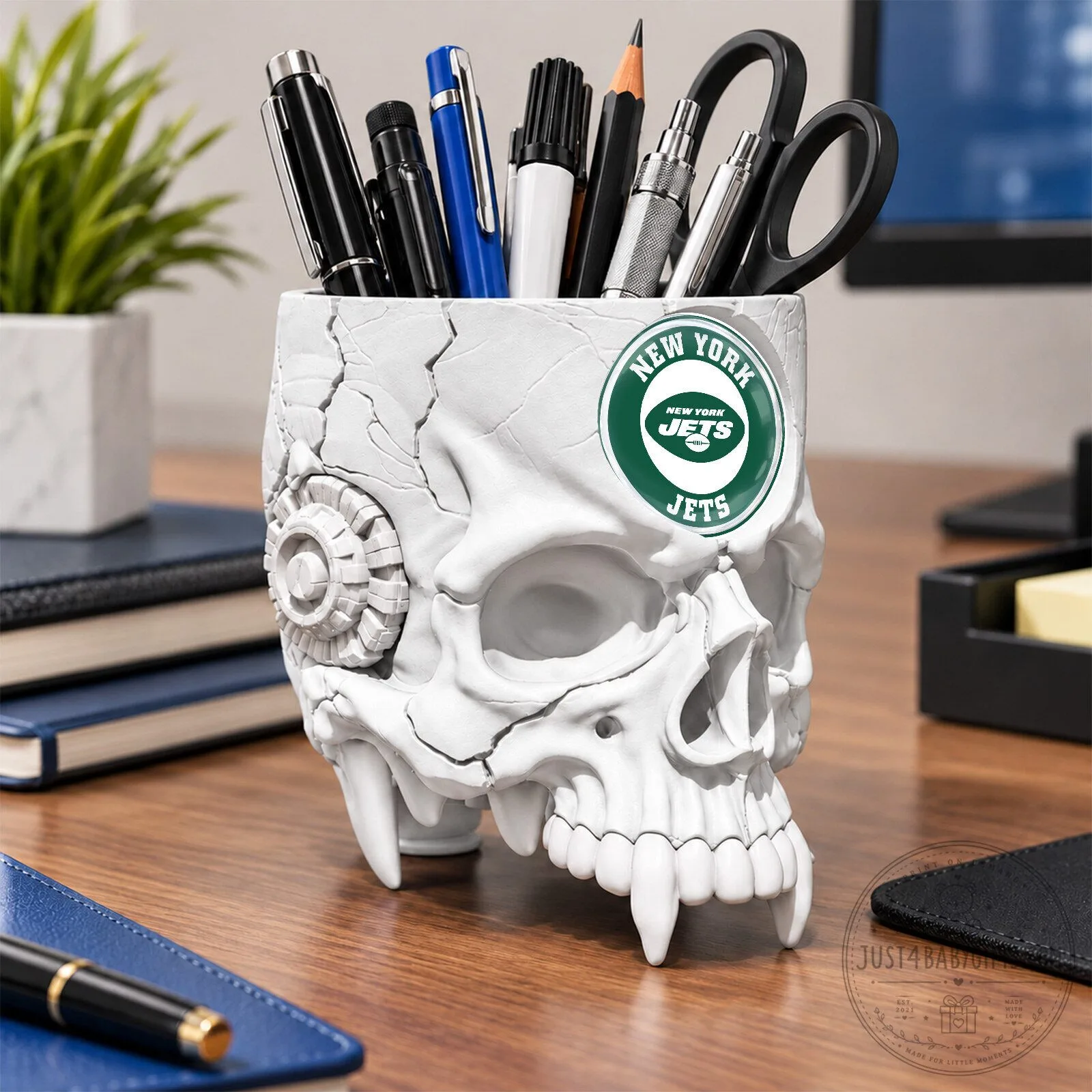 New York Jets NFL Football Team Skull Pen Holder