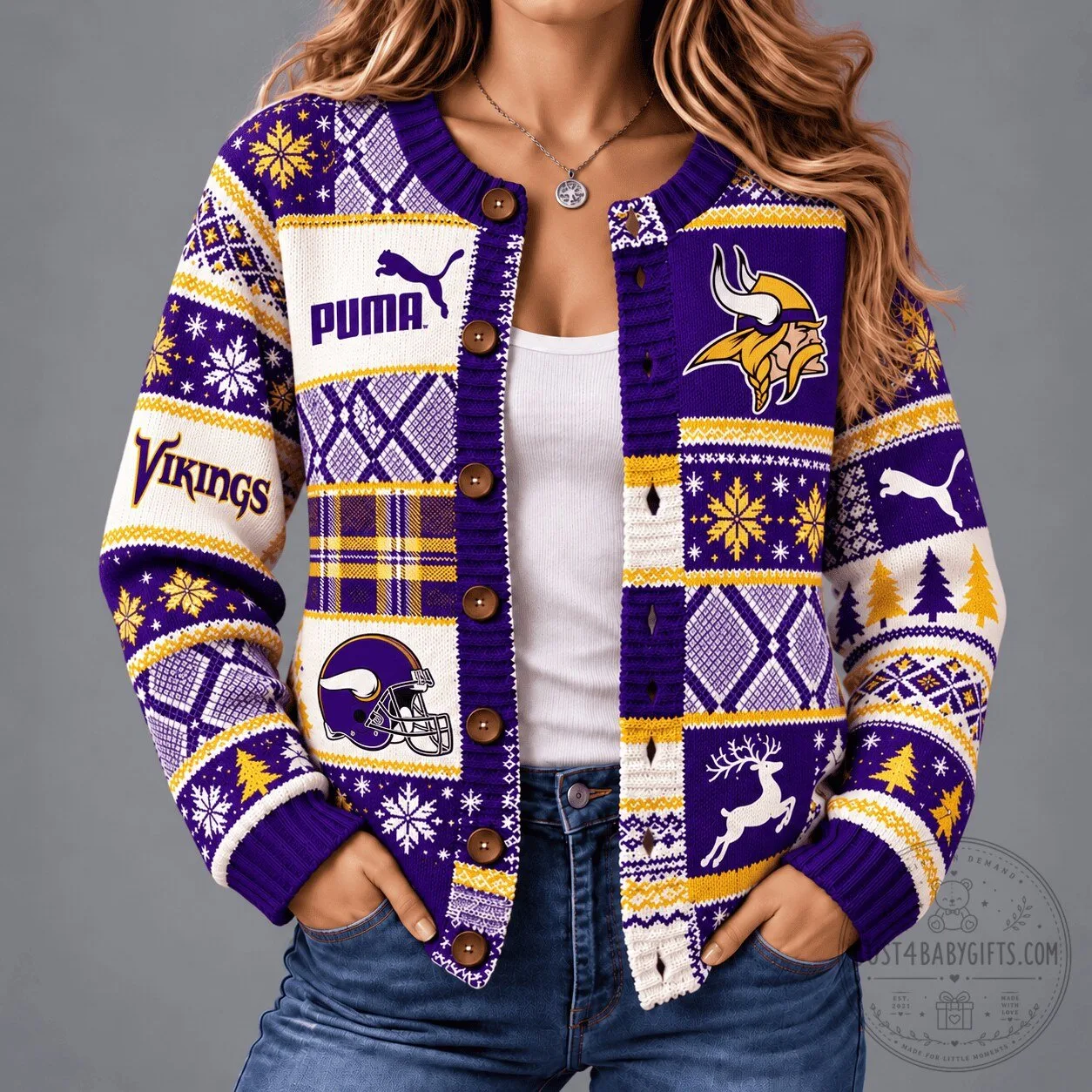 Minnesota Vikings Christmas Patchwork Holiday Ugly Sweater Cardigan for Women 2 Minnesota Vikings Christmas Patchwork Holiday Ugly Sweater Cardigan for Women