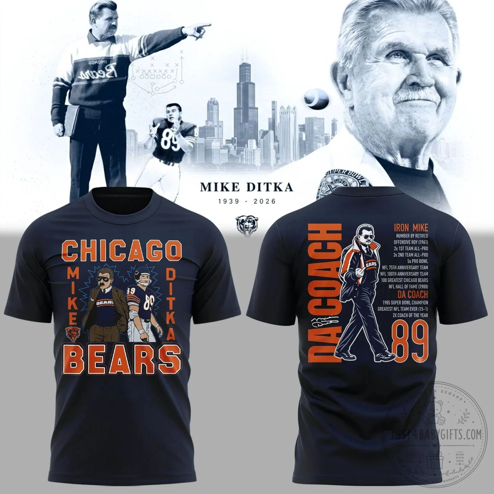 Mike Ditka Chicago Bears Football Legend Commemorative T-Shirt