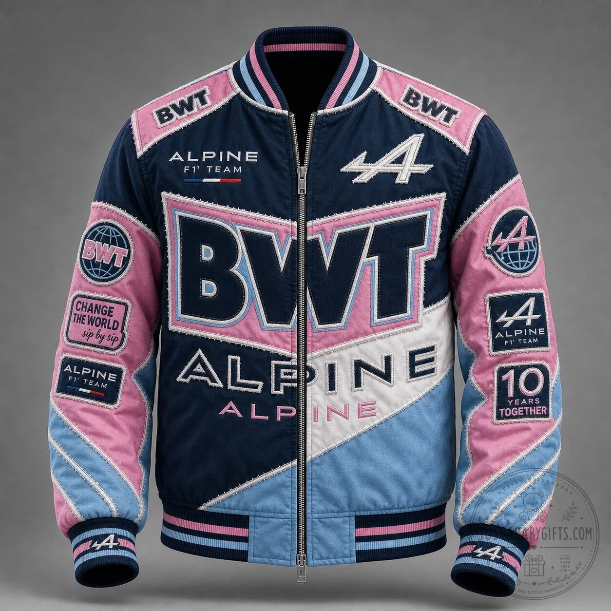 Alpine Formula 1 Team BWT Pink and Blue Racing Bomber Jacket