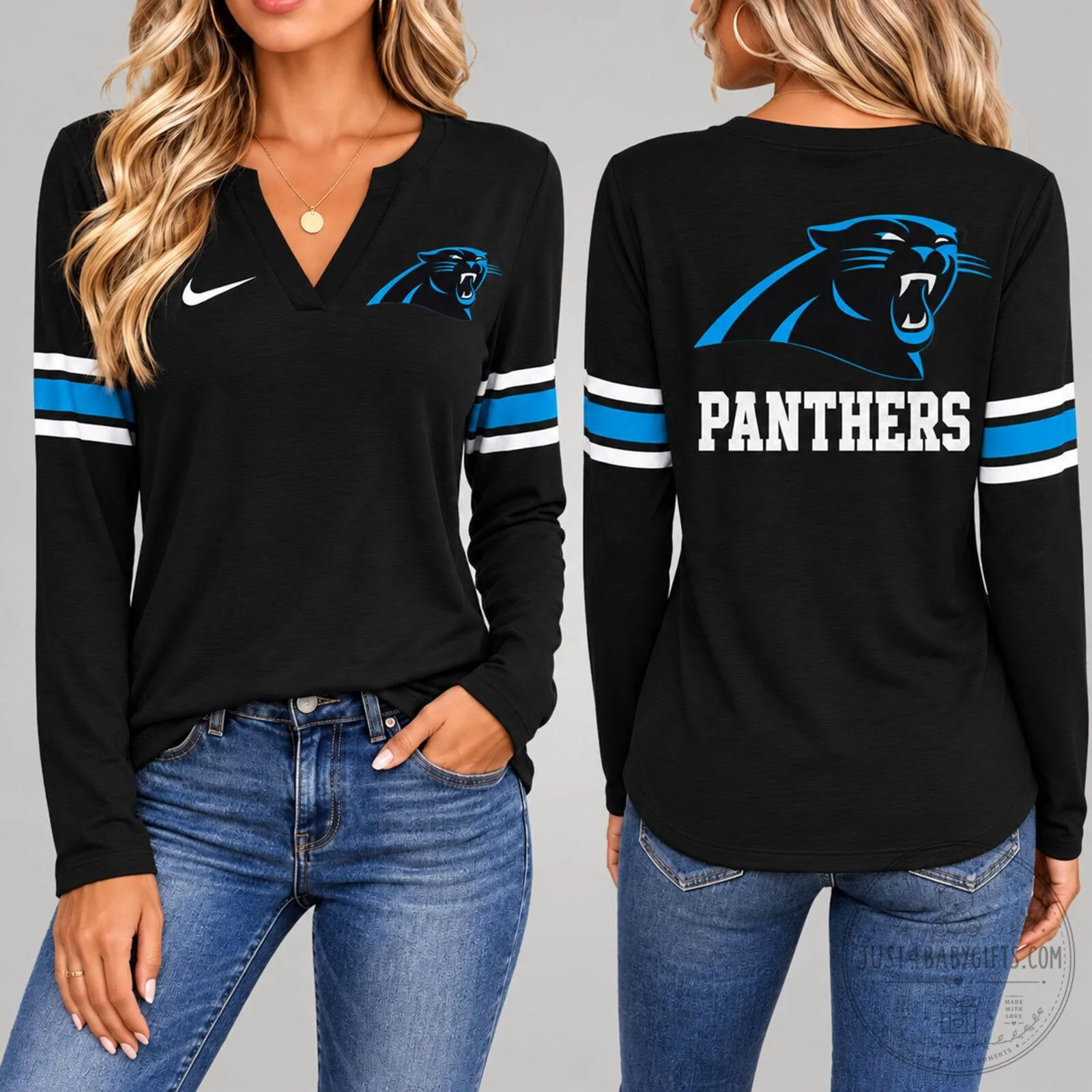 Carolina Panthers Womens Vintage V-Neck Long Sleeve Shirt