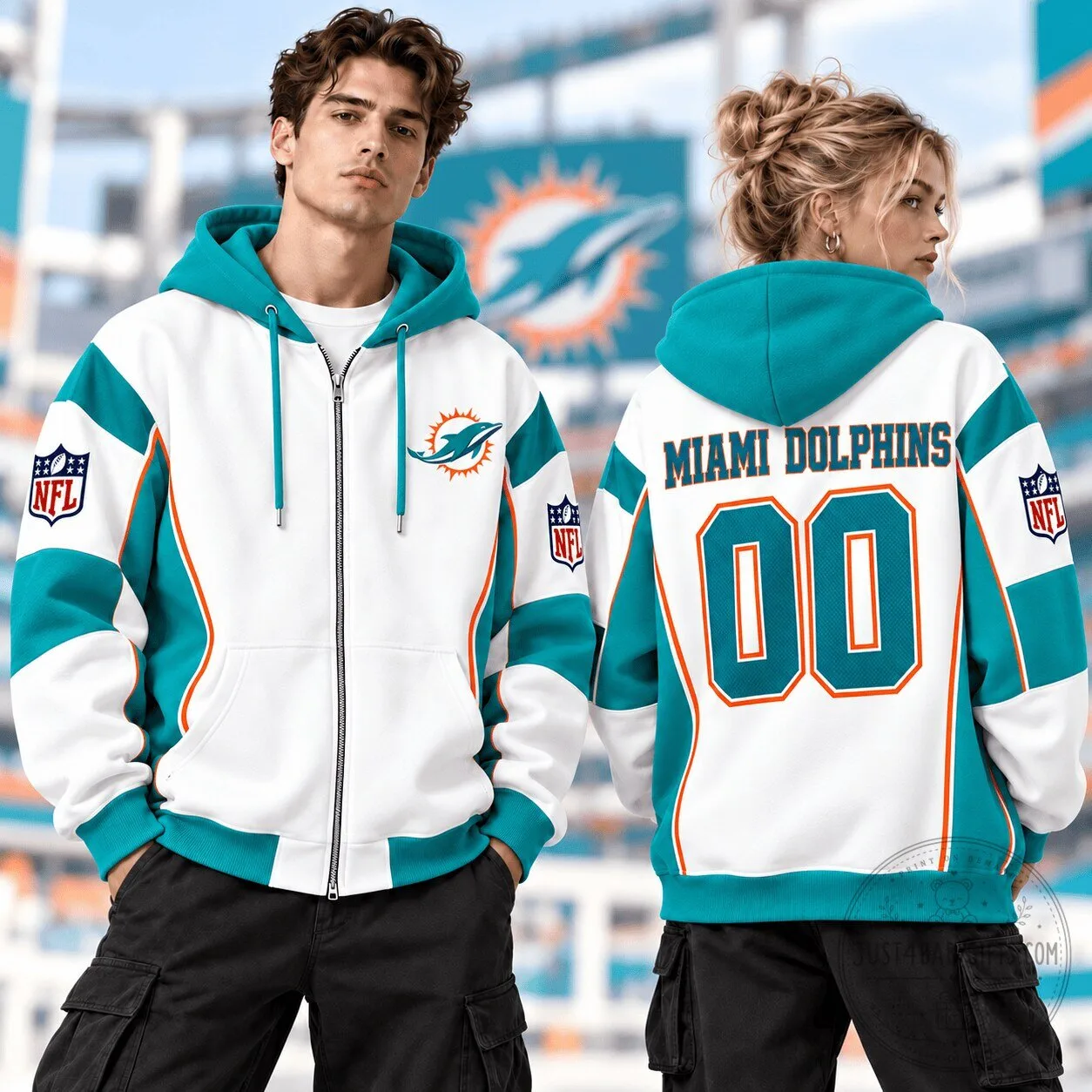 Miami Dolphins Football Team Custom Number Full Zip Hoodie