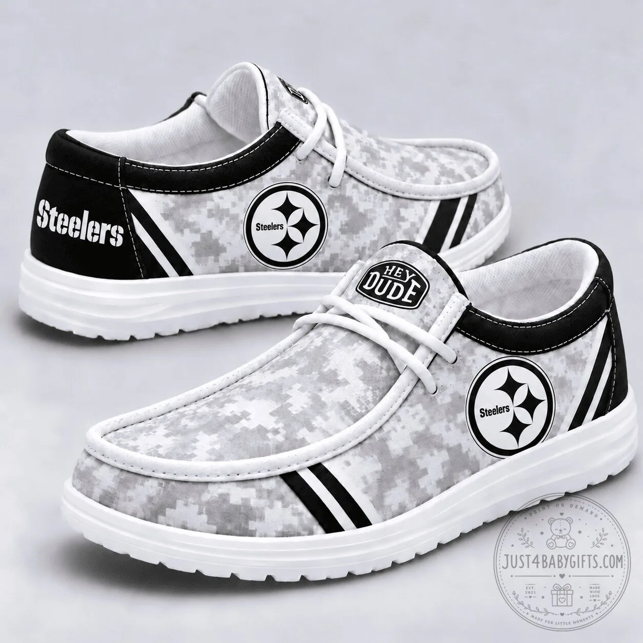 Men's and Women's Loafer Shoes in Pittsburgh Steelers Digital Camouflage Pattern