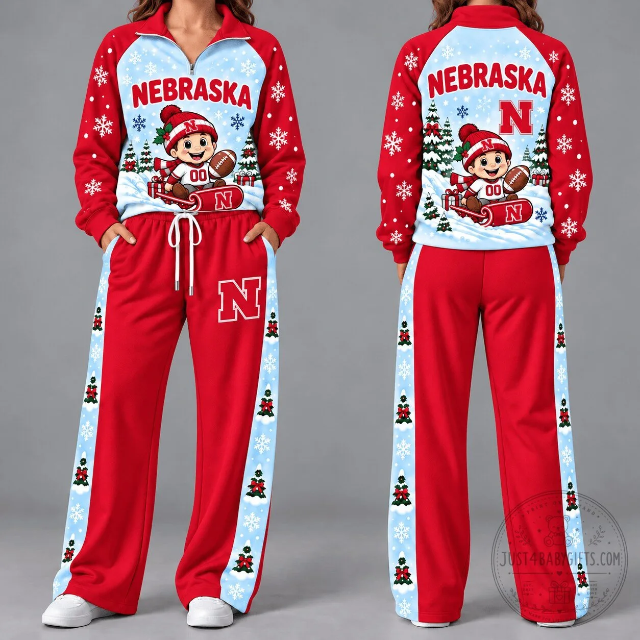Nebraska Cornhuskers Christmas Football Snowman Women's Tracksuit Hoodie and Pants Set