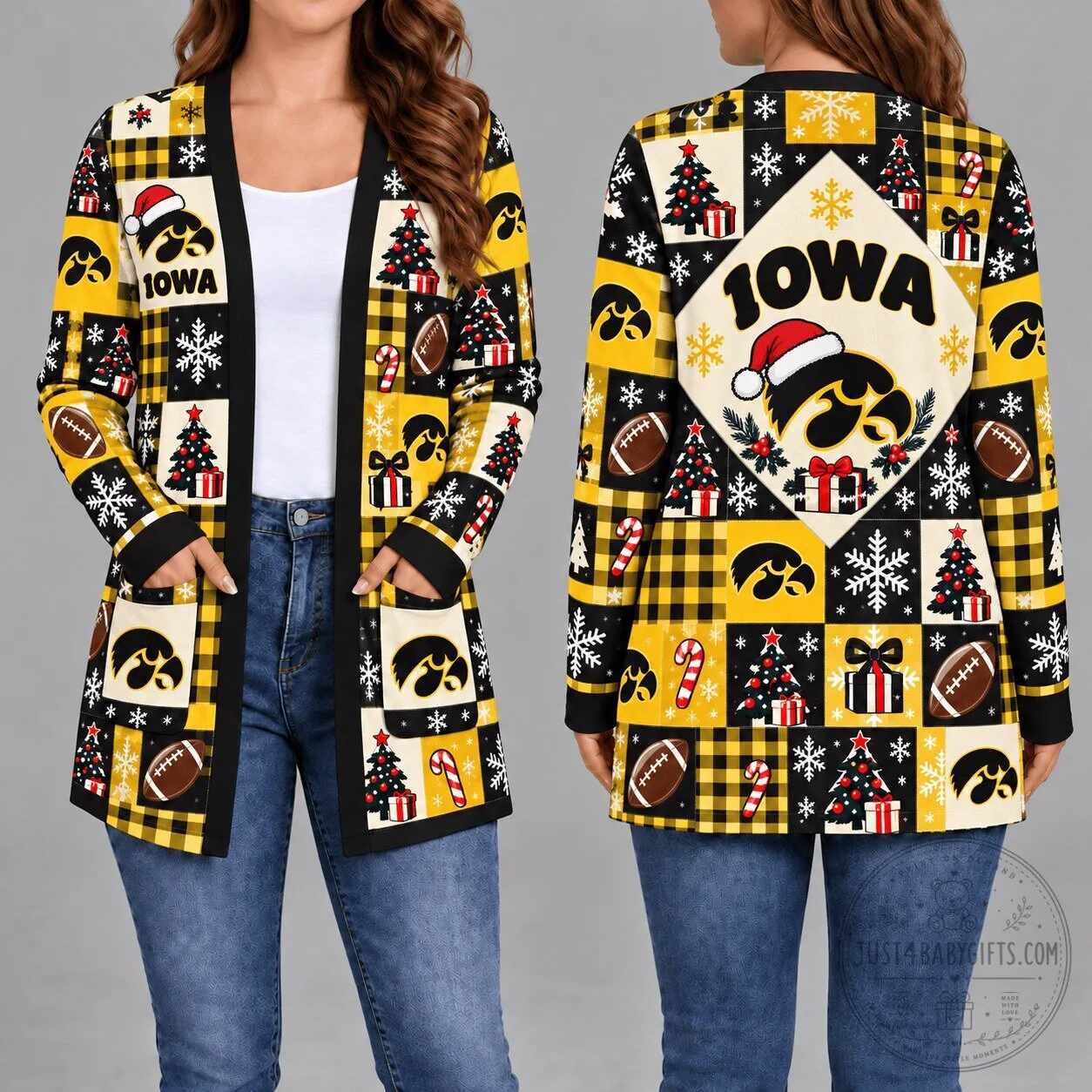 Iowa Hawkeyes Christmas Pattern Women's Open Front Cardigan 1 Iowa Hawkeyes Christmas Pattern Women's Open Front Cardigan