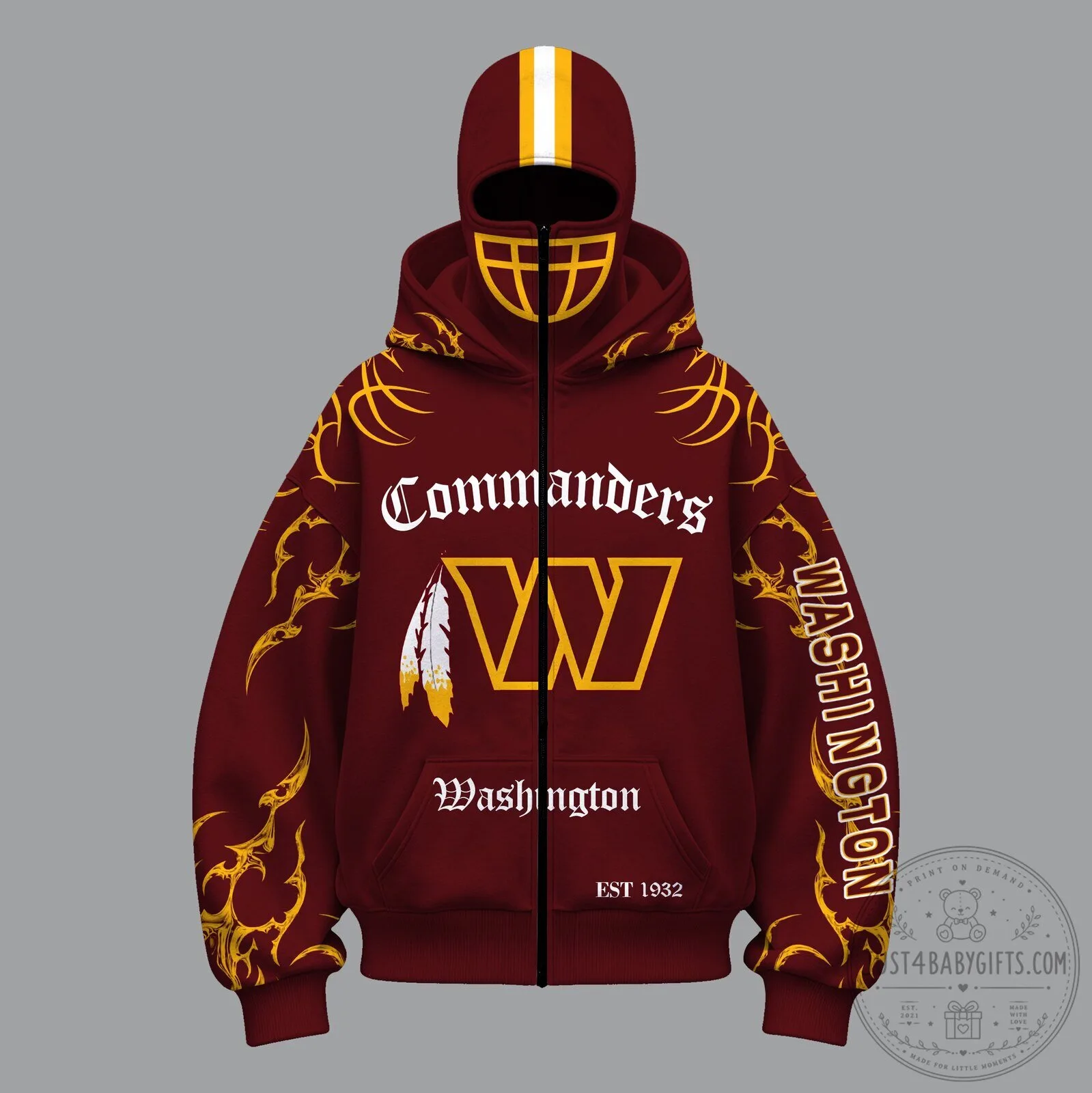 Washington Commanders Football Team Maroon and Gold Full Zip Hoodie