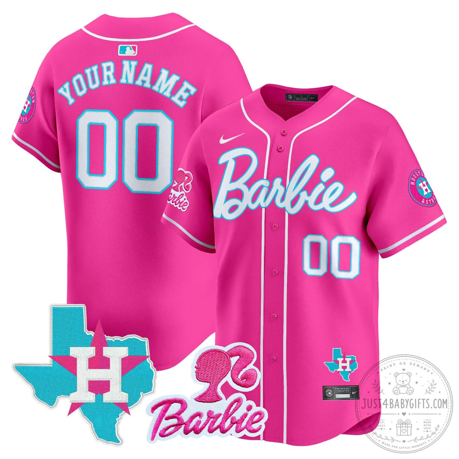 Houston Astros Barbie Pink Baseball Jersey Custom Name Number