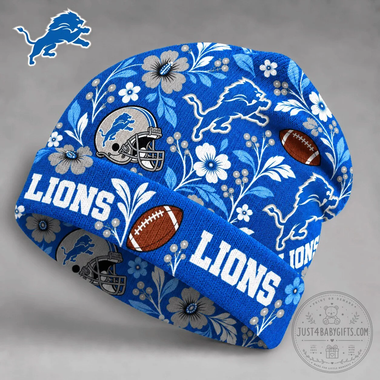 Detroit Lions NFL Floral Football Team Pride Blue Beanie Hat