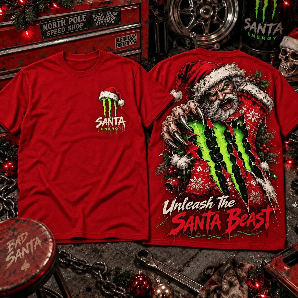 Santa Energy Unleash The Santa Beast Christmas Monster Drink T-Shirt