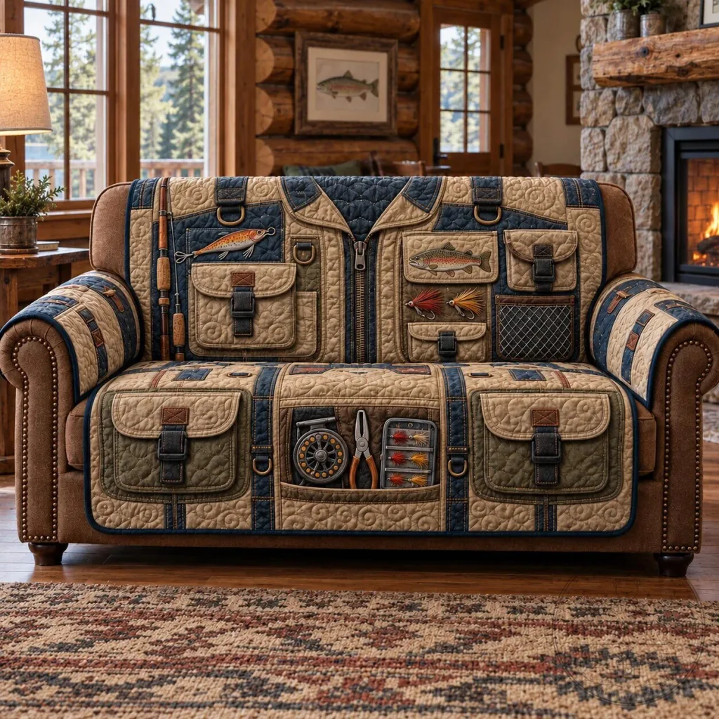Fishing Vest Quilted Sofa Cover for Living Room Decor Fishing Vest Quilted Sofa Cover for Living Room Decor