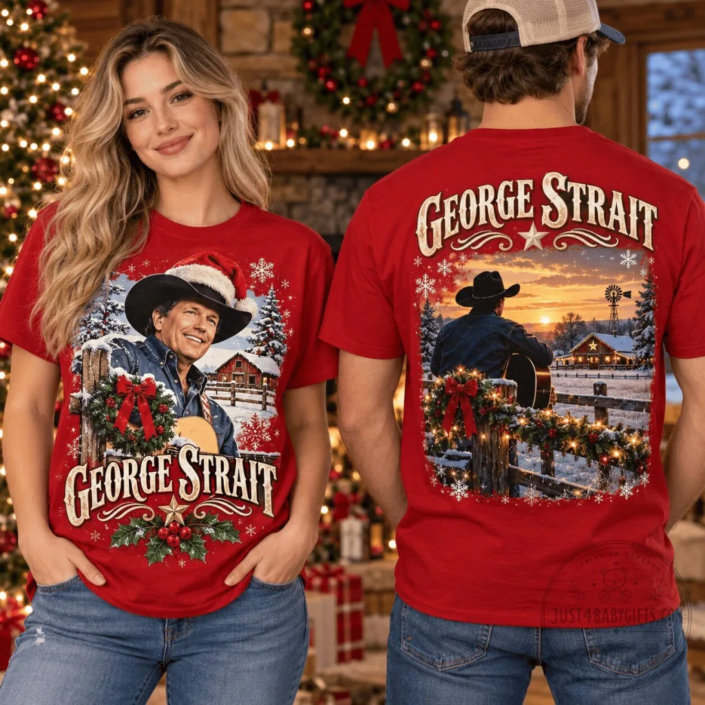 Country Music T-Shirt Featuring George Strait's Snowy Ranch Christmas Guitar Design Country Music T-Shirt Featuring George Strait's Snowy Ranch Christmas Guitar Design