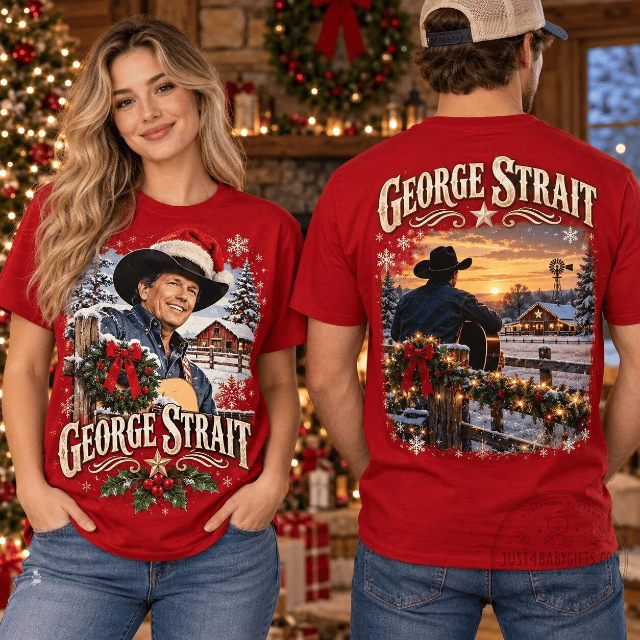 Country Music T-Shirt Featuring George Strait's Snowy Ranch Christmas Guitar Design 1 Country Music T-Shirt Featuring George Strait's Snowy Ranch Christmas Guitar Design