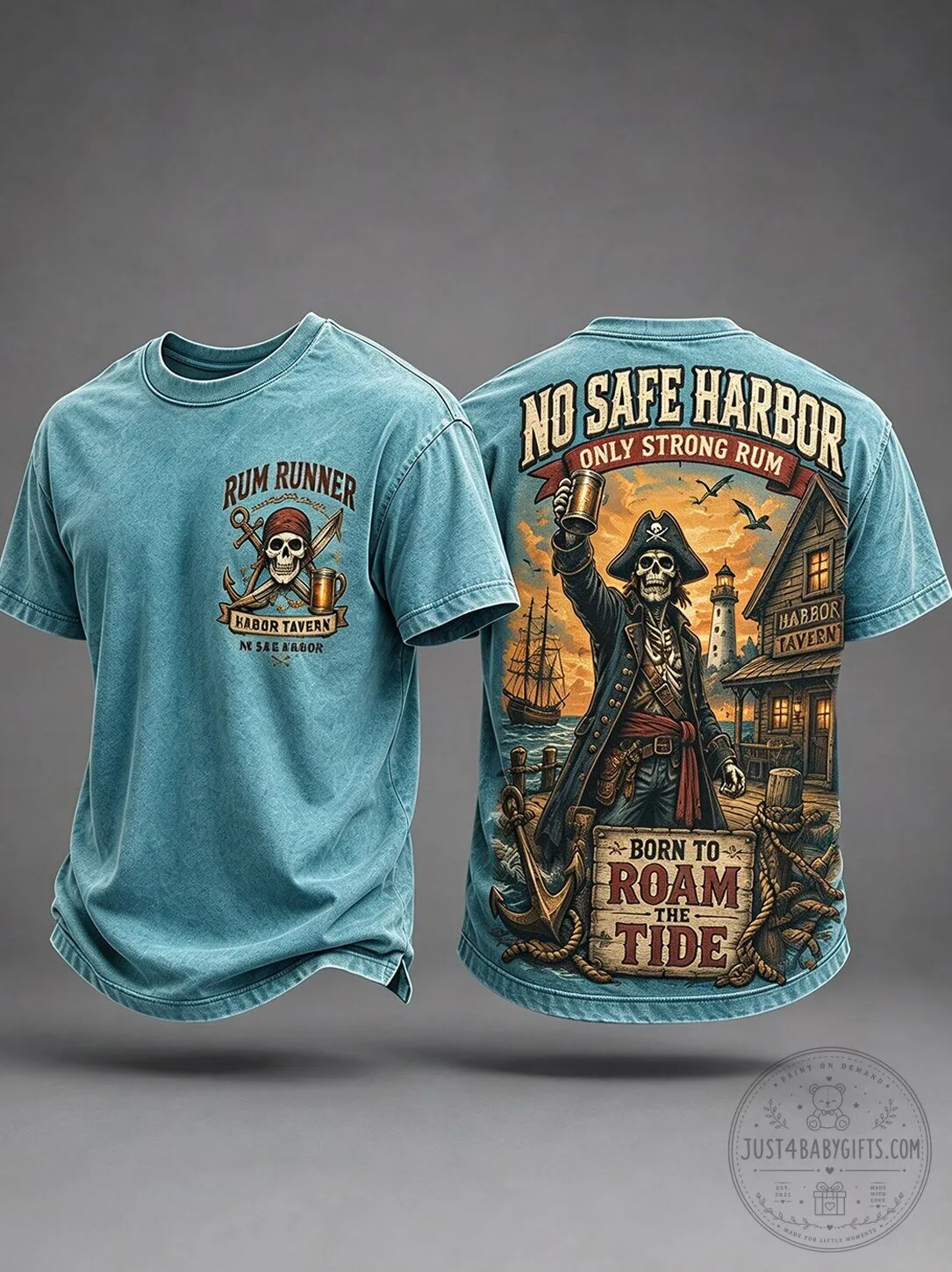 Rum Runner No Safe Harbor Only Strong Rum Pirate Skeleton Men's T-Shirt